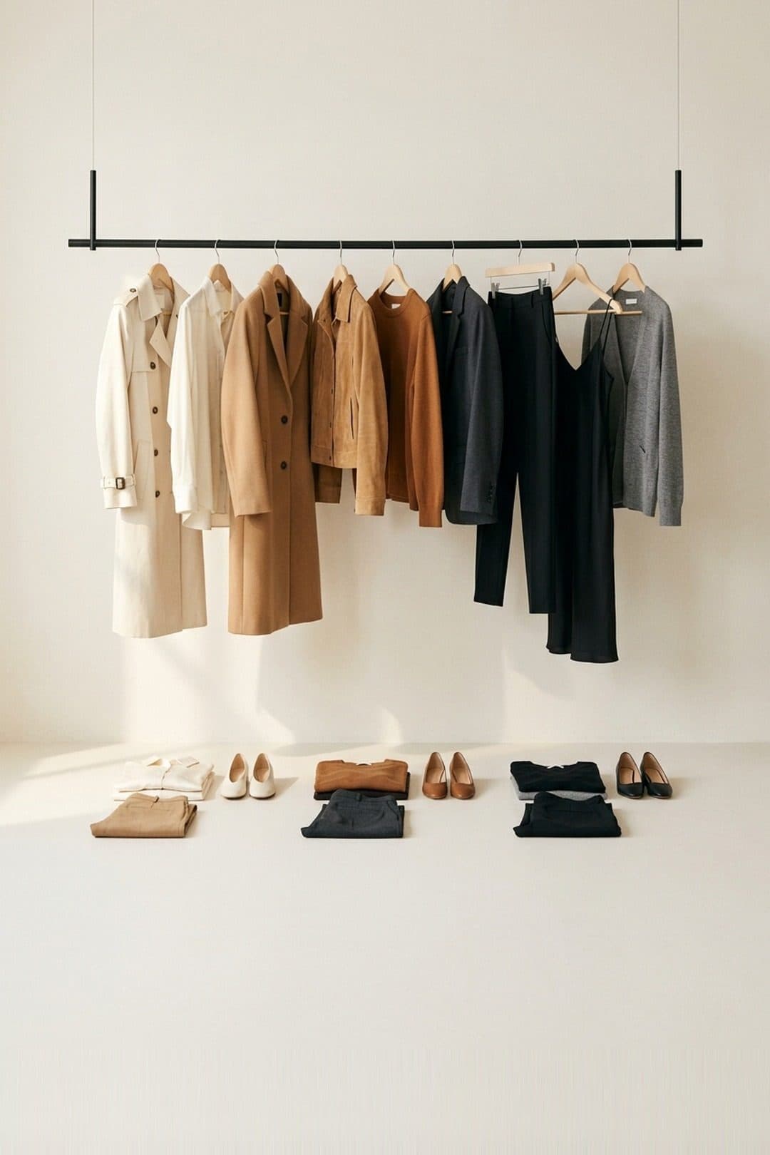 Un portant de vêtements en tons crème, camel et noir